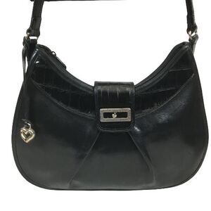 Brighton Hobo Bag Black Glazed Leather Moc Croc Trim Shoulder Purse Tote